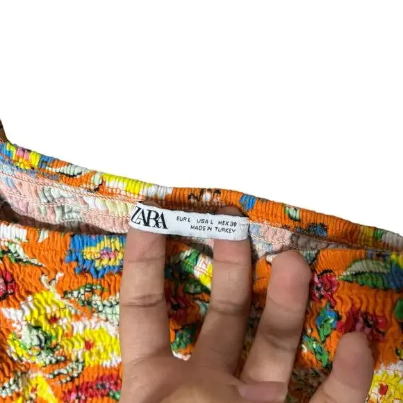 ZARA Floral Orange Crop Top Puffy Sleeve Women's Size Large - Picture 4 of 9